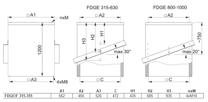 FDGE/F 315-355 Roof socket for DVG and DVV/F-XS...XP. For pitched roof constructions up to a max. angle of 30° Max 600degC/2 hours.