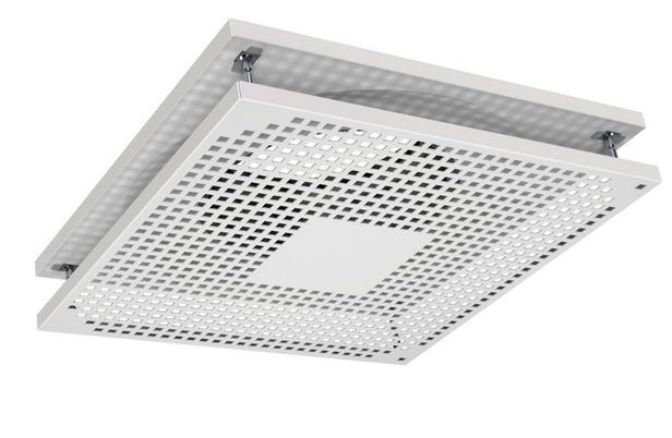 TSO-250 square perforated ceiling diffuser, steel, white RAL9010 Gloss 30% with THOR plenum box as an accessory