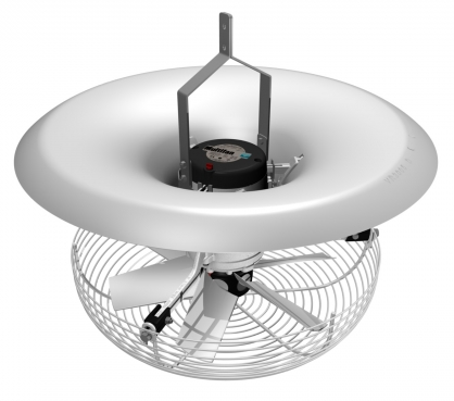 V flo fan for air mixing in warm rooms